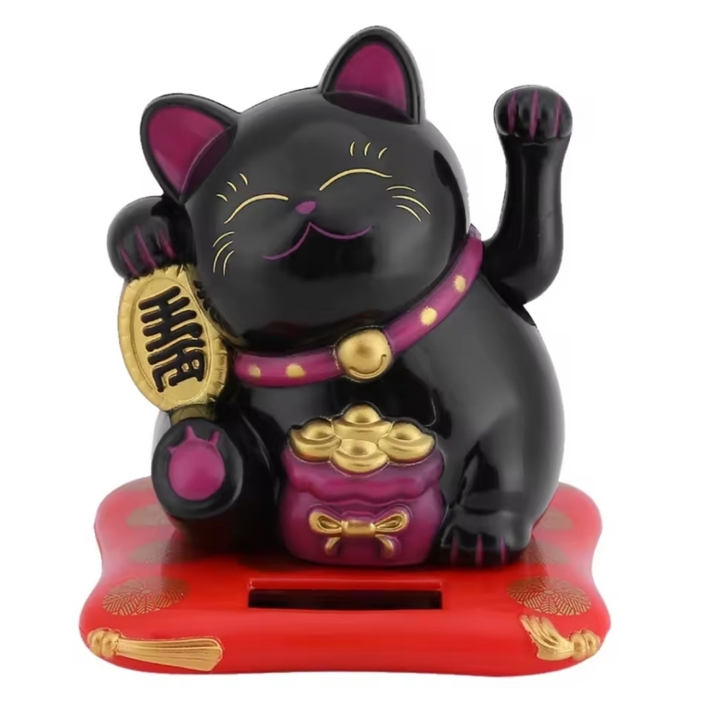 Black Maneki Neko Cat Figurine with Gold Accents